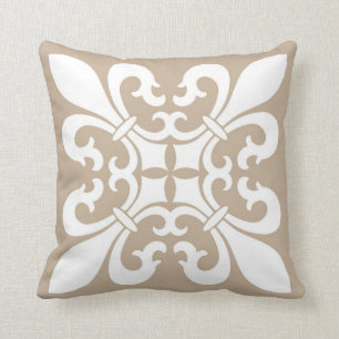 Fleur de Lis Symbols in White on Tan Cushion