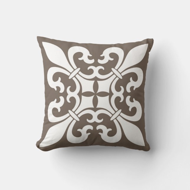 Fleur de lis Symbols in White on Taupe Cushion (Front)