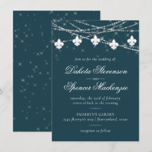 Fleur de Lis Teal Lights   Moody Dark Wedding Invitation