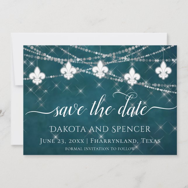 Fleur de Lis Teal Lights | Moody Dark Wedding Save The Date (Front)