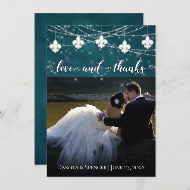 Fleur de Lis Teal Lights | Photo Heart Love and Thank You Card (Front/Back)
