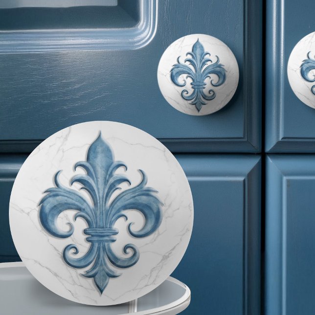 Fleur-De-Lis White and Blue Marble  Ceramic Knob (Creator Uploaded)