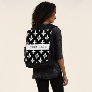 Fleur de Lis, White on Black, White, Your Name Backpack