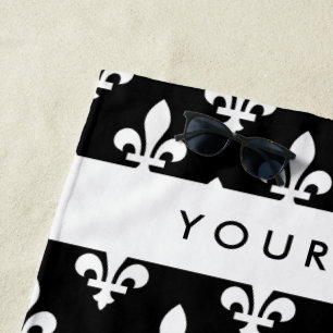 Fleur de Lis, White on Black, White, Your Name Beach Towel