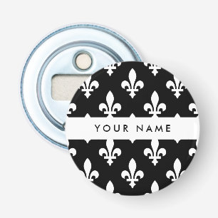 Fleur de Lis, White on Black, White, Your Name Bottle Opener