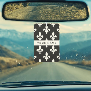Fleur de Lis, White on Black, White, Your Name Car Air Freshener