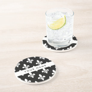 Fleur de Lis, White on Black, White, Your Name Coaster