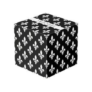 Fleur de Lis, White on Black, White, Your Name Cube