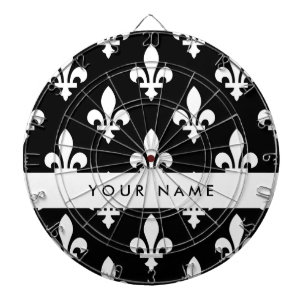 Fleur de Lis, White on Black, White, Your Name Dartboard