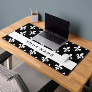 Fleur de Lis, White on Black, White, Your Name Desk Mat