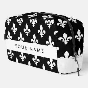Fleur de Lis, White on Black, White, Your Name Dopp Kit