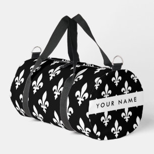 Fleur de Lis, White on Black, White, Your Name Duffle Bag
