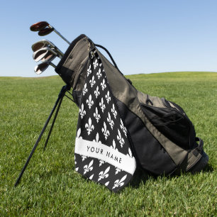 Fleur de Lis, White on Black, White, Your Name Golf Towel