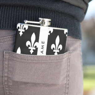 Fleur de Lis, White on Black, White, Your Name Hip Flask