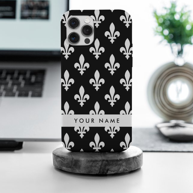 Fleur de Lis, White on Black, White, Your Name iPhone Case (Creator Uploaded)
