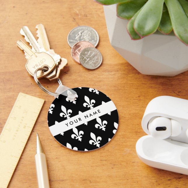 Fleur de Lis, White on Black, White, Your Name Key Ring (Desk)