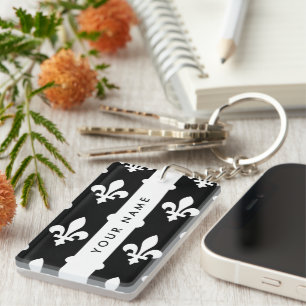 Fleur de Lis, White on Black, White, Your Name Key Ring