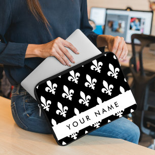 Fleur de Lis, White on Black, White, Your Name Laptop Sleeve