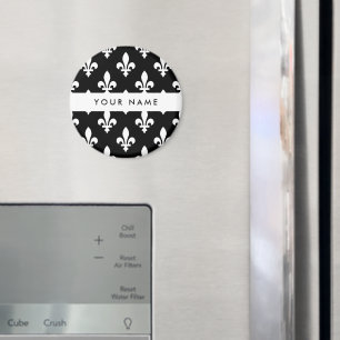 Fleur de Lis, White on Black, White, Your Name Magnet