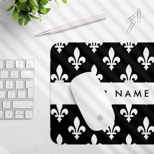 Fleur de Lis, White on Black, White, Your Name Mouse Mat