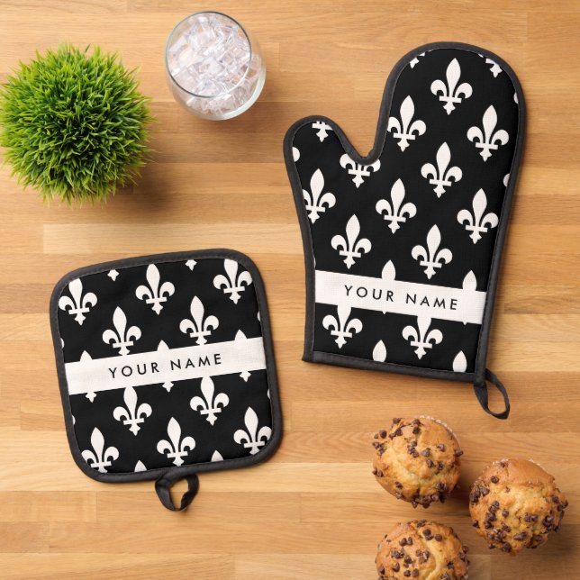 Fleur de Lis, White on Black, White, Your Name Oven Mitt & Pot Holder Set (Top Down)