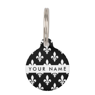 Fleur de Lis, White on Black, White, Your Name Pet Tag