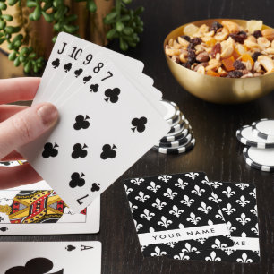 Fleur de Lis, White on Black, White, Your Name Playing Cards