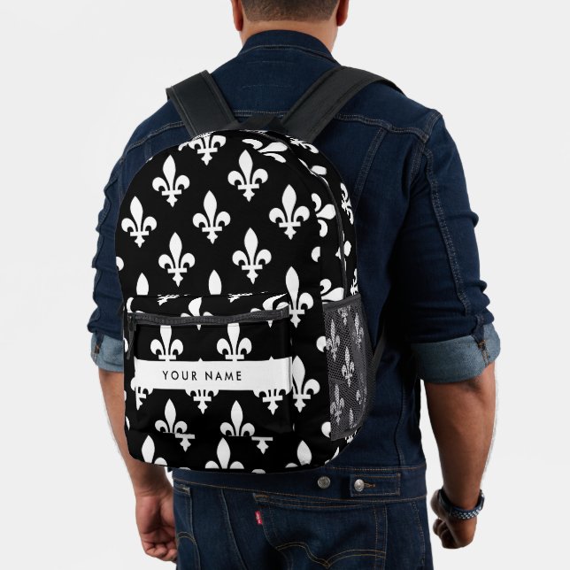 Fleur de Lis, White on Black, White, Your Name Printed Backpack (Insitu (Model))