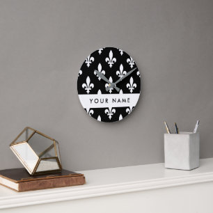 Fleur de Lis, White on Black, White, Your Name Round Clock