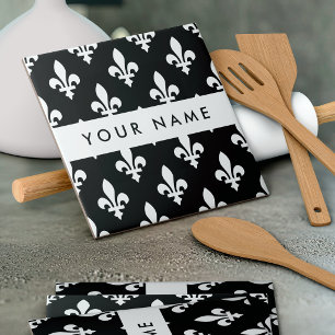Fleur de Lis, White on Black, White, Your Name Tile