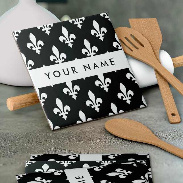 Fleur de Lis, White on Black, White, Your Name Tile (Creator Uploaded)