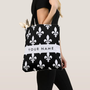 Fleur de Lis, White on Black, White, Your Name Tote Bag