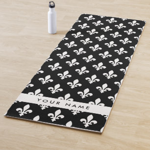 Fleur de Lis, White on Black, White, Your Name Yoga Mat