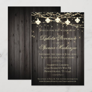 Fleur de Lis Wood Lights   Rustic Wedding Invitation