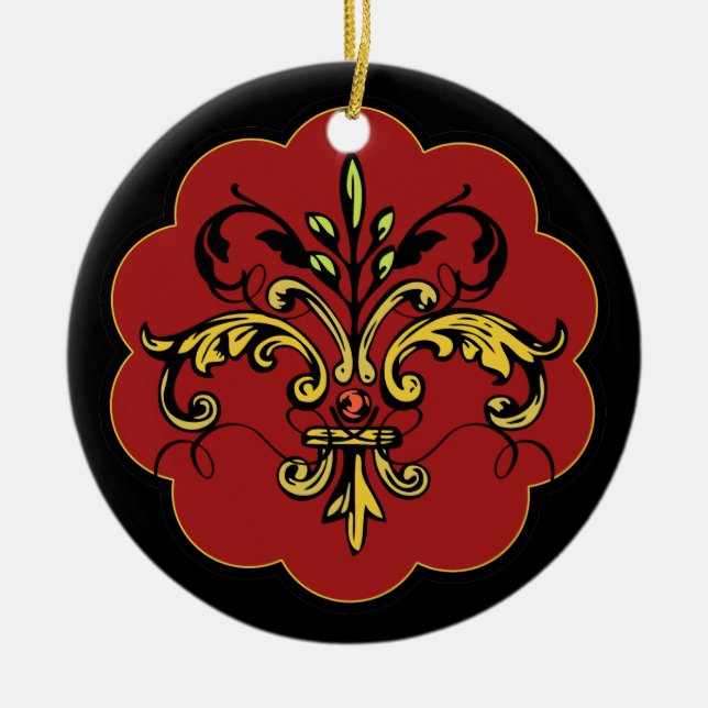 Fleur de lis Xmas - red Ceramic Tree Decoration (Front)