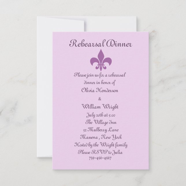 Fleur de Lise Rehearsal Dinner Invite Lilacs (Front)