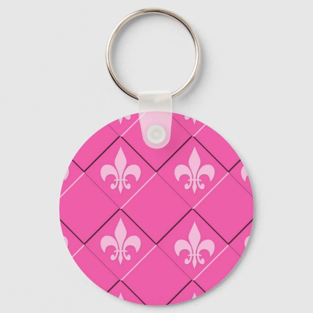 Fleur de lys and squares pink pattern key ring (Front)