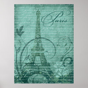 Fleur de Paris Eiffel Tower 30"x40" teal Poster