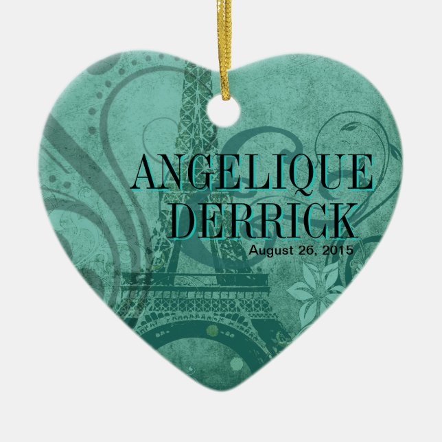 Fleur de Paris Eiffel Tower Wedding teal Ceramic Tree Decoration (Front)