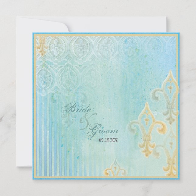 Fleur di Lys Damask 2 Blue - Wedding Invitation (Front)