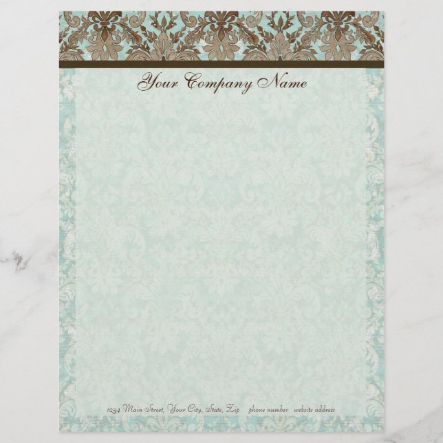 Fleur di Lys Damask Aqua & Brown Stationery Letterhead (Front)
