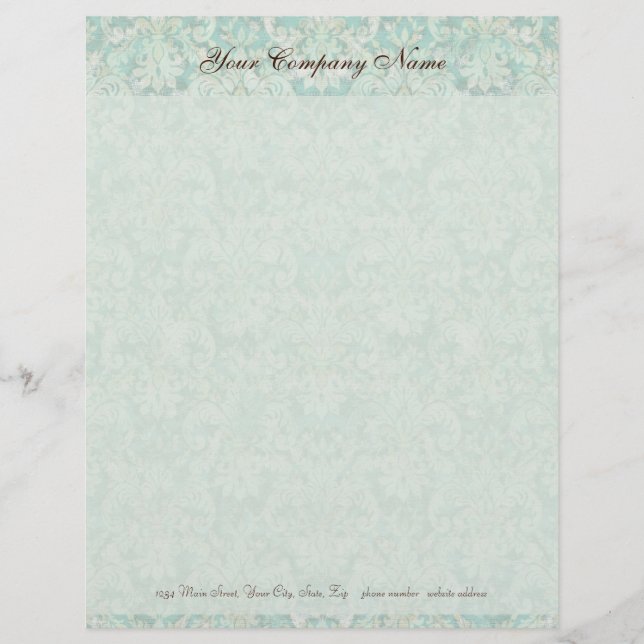 Fleur di Lys Damask Aqua Stationery Letterhead Template (Front)