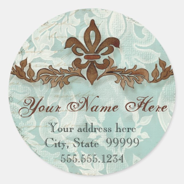 Fleur di Lys Damask Brown Address Stickers (Front)