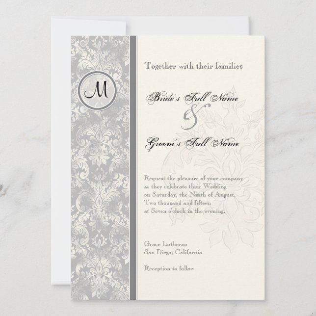 Fleur di Lys Damask - Grey Wedding Invitation (Front)
