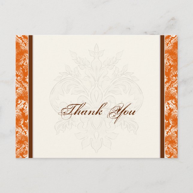 Fleur di Lys Damask Orange Thank You Note Postcard (Front)