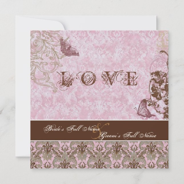Fleur di Lys Damask Pink Brown Butterfly Wedding Invitation (Front)