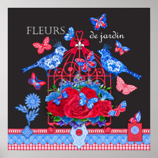 Fleur Porcelain Birds and Birdcage Poster 16 x 16