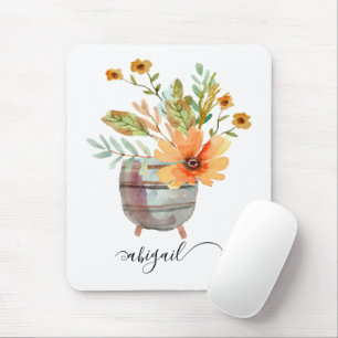 Fleur Sunrise Blush Watercolor Floral Custom Name Mouse Mat