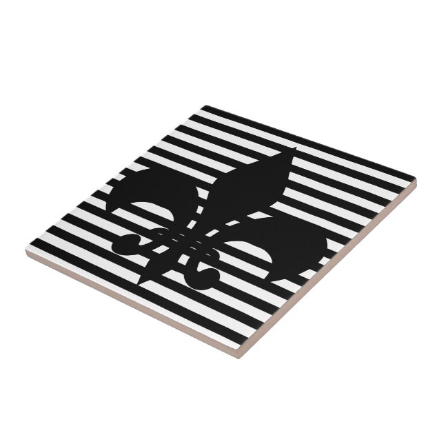 Fleurs-de-lis Black and White Striped Background Tile (Side)