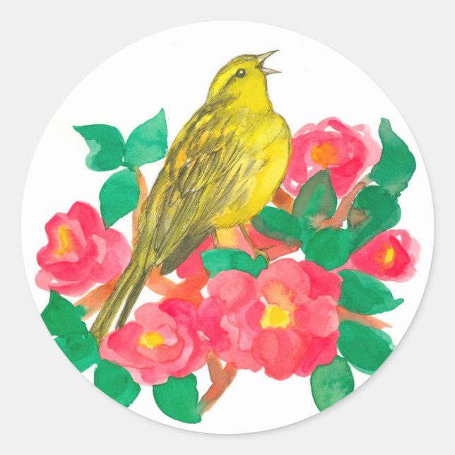 Flicker Bird Pink Camellia Flowers  Classic Round Sticker (Front)